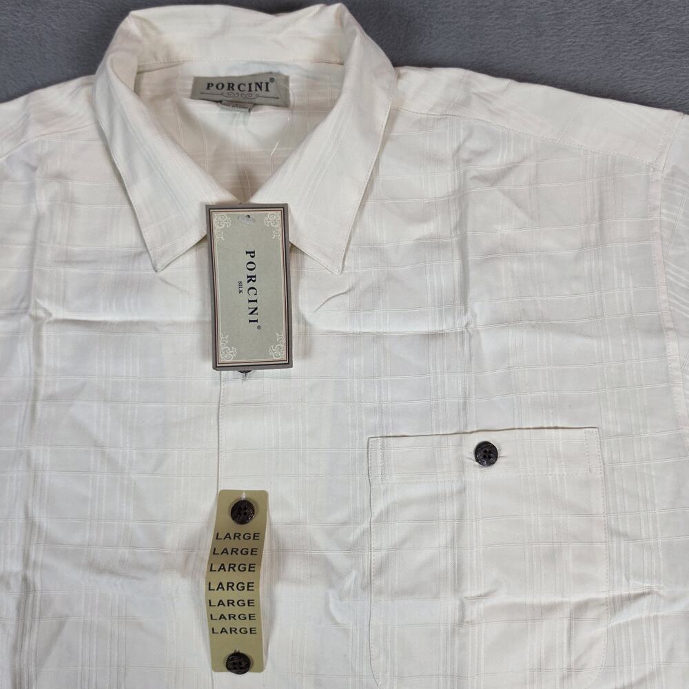 Porcini 100% Silk Shirt Mens Large Ivory Cream Plaid Short Sleeve Button Up